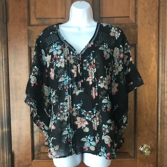 Zac & Rachel Black w/Colorful Flowers Pullover Blouse w/Butterfly Sleeves Large - Picture 1 of 15